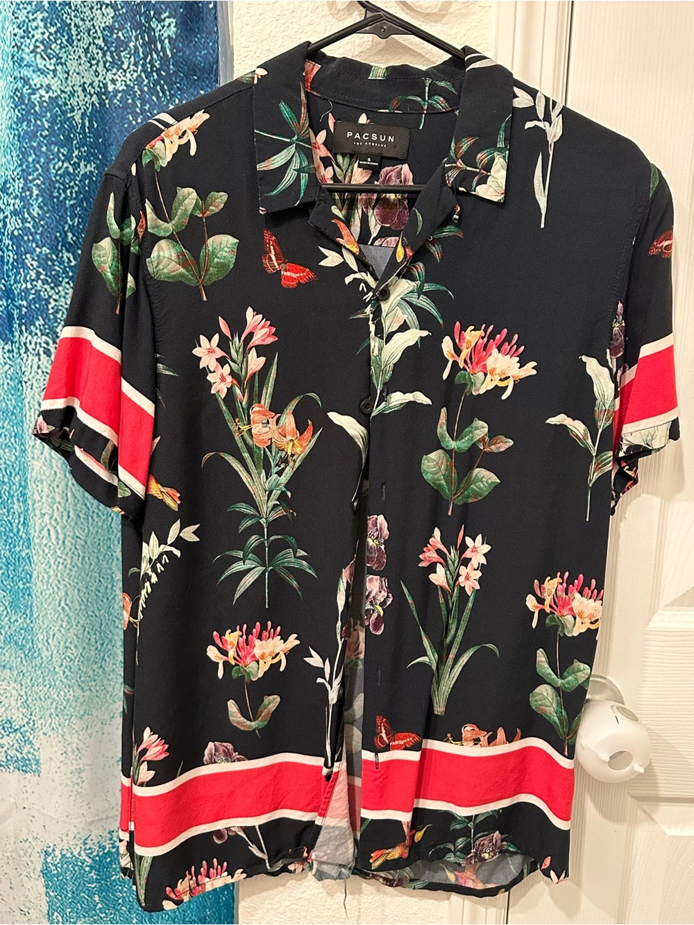 #05 PacSun Black Floral Short-Sleeve Button-Up with Red Stripe Accents
